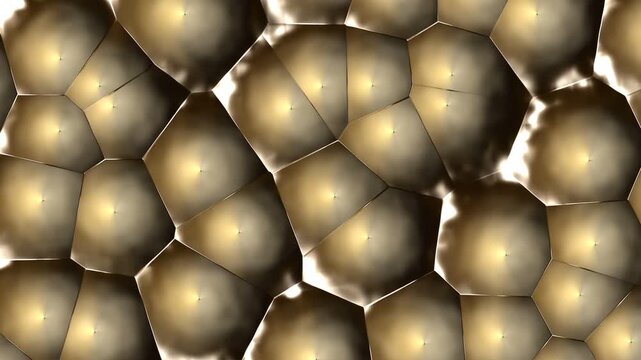Golden metallic abstract cellular background, glossy gold sphere foam texture video, futuristic bronze voronoi cell lattice loop