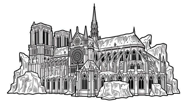 Gothic Cathedral Architecture Surrounded by Glaciers and Ice Rocks, Line Art Vector for Coloring Book