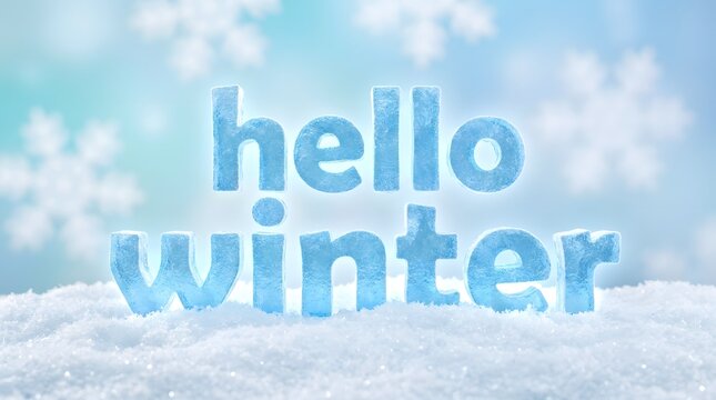 Hello Winter Text on Snowy Background with Falling Snowflakes