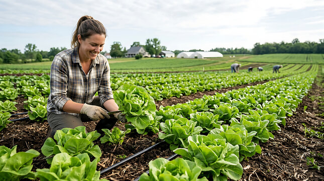 Woman Harvesting Fresh Green Leafy Vegetables Outdoors.