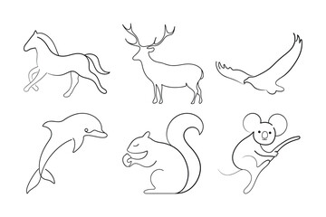 Obraz premium Simple line art animal collection displays desert and marsh species in clean black ink style.