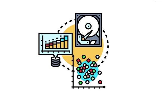 Multidimensional data analysis concept involving hard drive storage, chart visualization, and scatter plot representation, complex information gathering and processing