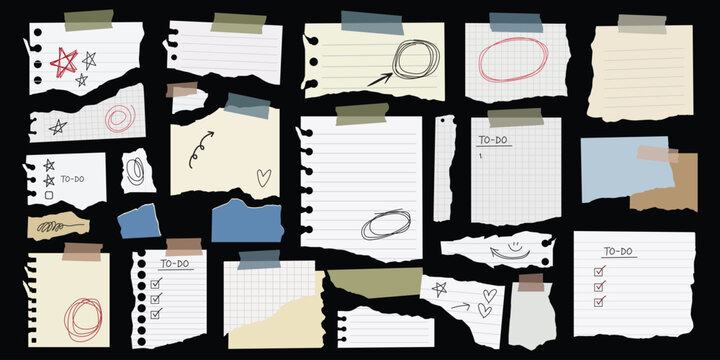 Torn notes and sticky notes with hand drawn doodles, to do list, tape and paper clips, old newspaper clipping, vintage letter shreds, torn book page, vector set