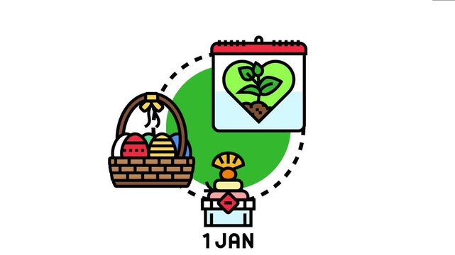 Global holiday celebrations concept featuring various cultural festive icons, including a calendar with a plant, easter eggs in a basket, and a new year's day decoration