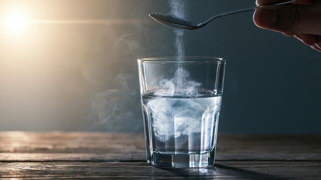 Powder dissolving in a clear glass of water, creating a cloudy effect with steam, held by a hand over a wooden table