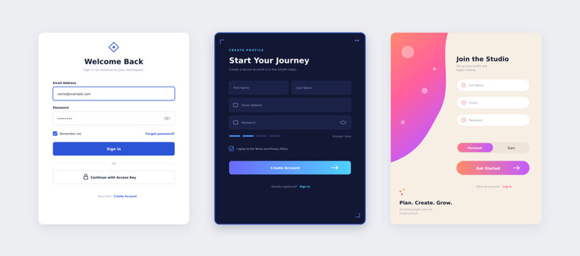 Modern UI login form vector templates, clean website sign in user interface kit, digital registration and account login screens for web design
