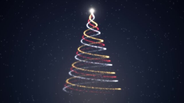 Christmas tree formed from spiraling golden light particles with a shining star on top, magical glowing holiday background