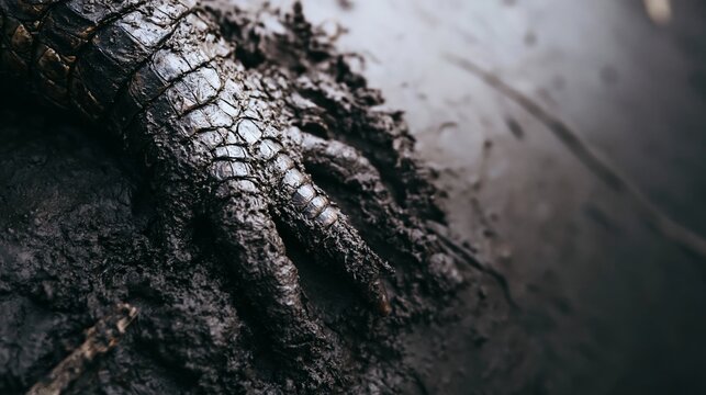 Reptilian limb with scales and claws pressing into dark, wet mud, showing detailed texture and natural earthy tones