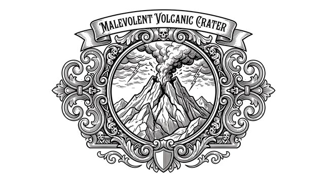 Vintage engraving illustration of a malevolent volcanic crater eruption within an ornate baroque frame