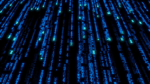 Dense Array of Blue Binary Code Characters in Varying Sizes on Black Background - Abstract Digital Art for Cybersecurity, Technology, and Data Visualization Projects