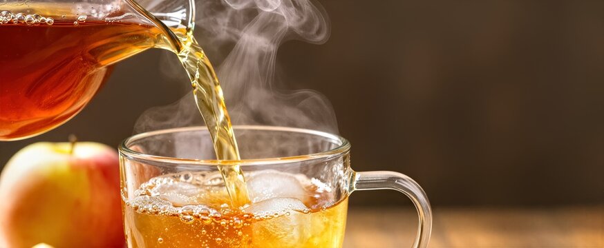 Captures Moment Of Pouring Hot Beverage Tea Clear Glass Mug Filled With Ice Cubes Poured From Transparent Teapot Handle On Right Side