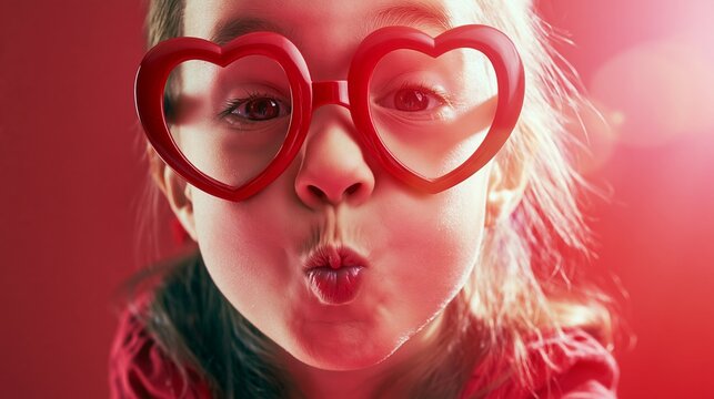 Child wearing red heart glasses making a kissy face on a red background expressing love and joy