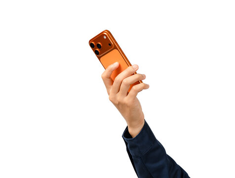 An isolated back view shot of a person's hand holding a modern bright orange smartphone upright, as if taking a picture or recording a video. The person is wearing a dark blue long-sleeved shirt. The 