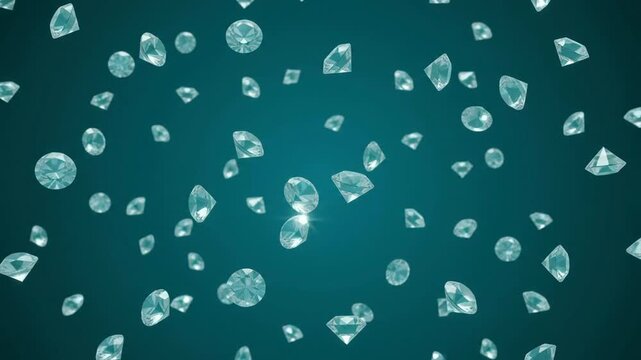 Sparkling 3D diamonds falling against a dark teal gradient background