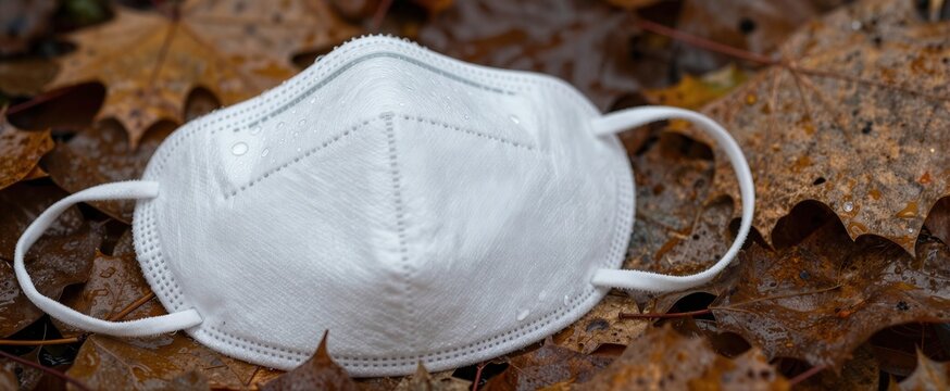Single Prominent Subject White Disposable Face Mask Placed On Bed Of Autumn Leaves Appear To Wet Suggesting Recent Rain Designed