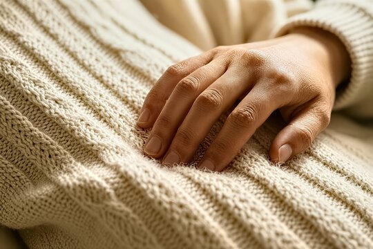 Captures Close Of Human Hand Resting On Textured Beige Sweater To Belong Adult As Indicated By Wrinkles Creases Skin Suggest Maturity