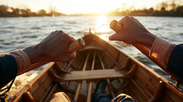 Personal perspective of hands gripping wooden oars, rowing across water at golden hour sunset