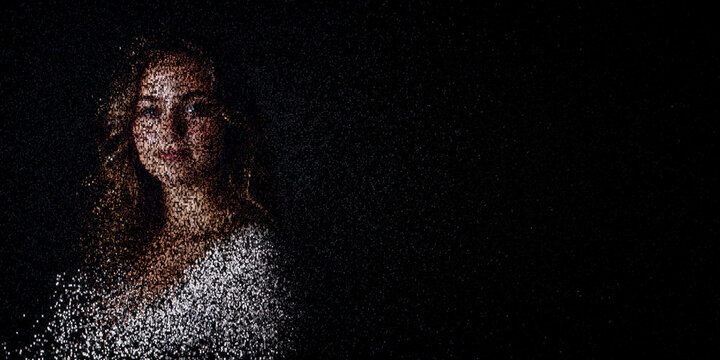 Digital ID Portrait of Woman with Face made up of Data. Blockchain identity Concept with copy-space.