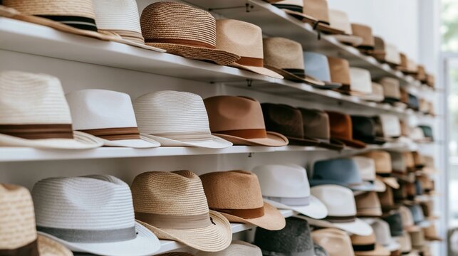 Shop interior showcasing a collection of diverse hats, including fedoras and straw hats, neatly arranged on multiple shelves