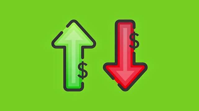 Animated green up arrow and red down arrow with dollar symbols, representing financial stock market growth and loss on a chroma key green screen background.  