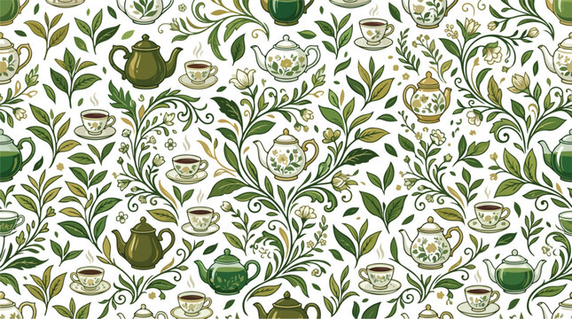 Seamless botanical tea pattern with green tea pots cups leaves and floral vine elements