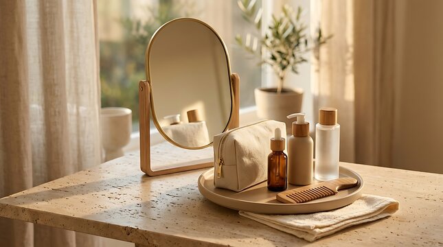 Cosmetic products and mirror on a wooden table in a sunlit bedroom. minimalist travel vanity