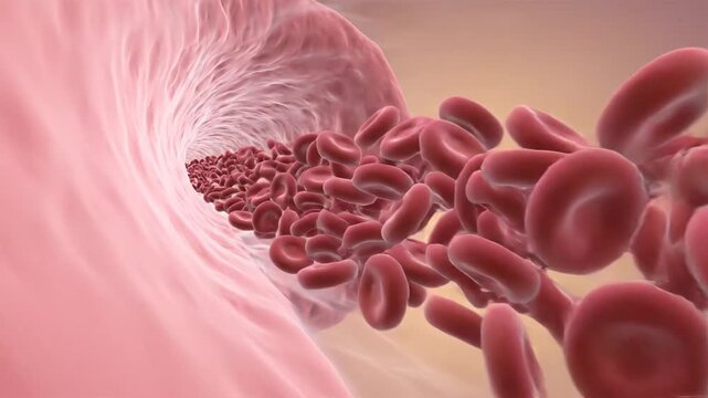 Red blood cells flowing through a blood vessel, scientific illustration