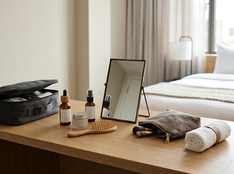 Beauty vanity table with mirror cosmetics and hair brush in a modern hotel bedroom. minimalist travel vanity