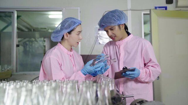 Quality control workers examining glass bottles in food factory site