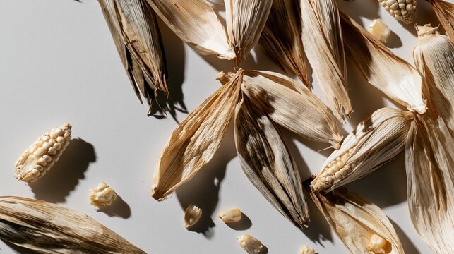 Dried corn husks and ears of corn strewn across a blank canvas, showcasing the authentic textures of a rustic harvest scene
