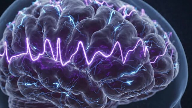 3D rendering of human brain with glowing purple EEG wave and neural pathways
