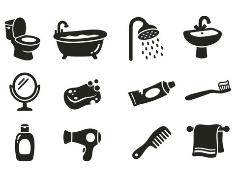 Black silhouette icons of bathroom accessories and hygiene personal care items with daily routine body care bathroom set hair care shower head bathroom sink bathroom silhouette toothpaste