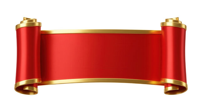 Elegant red scroll banner with luxurious gold trim rolled at both ends perfect for announcements or decorative text isolated on transparent background