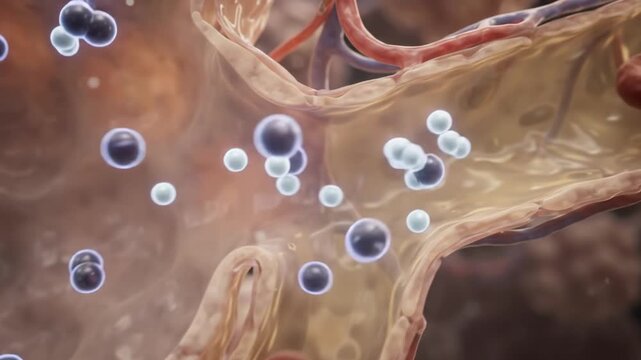 Medical illustration showing blood cells and microscopic particles within a blood vessel