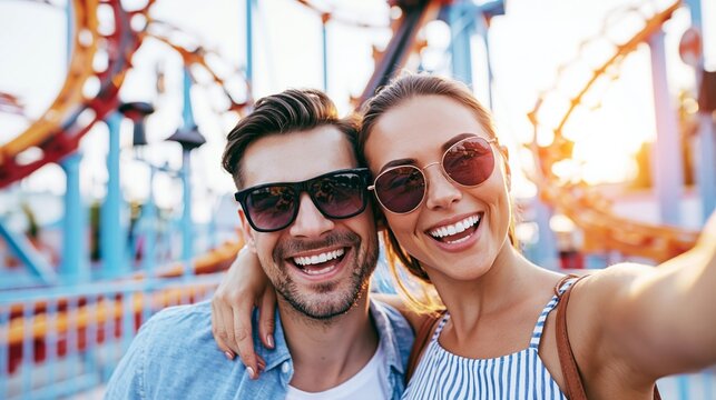 Smiling young couple having fun at a fairground, capturing their joyful moment with colorful roller coaster tracks in the background