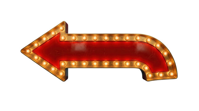 Retro red marquee arrow sign with bright illuminated light bulbs pointing left providing clear direction or guidance isolated on transparent background