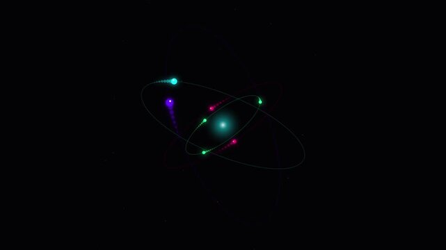 Neon particles circulate around a glowing central core to demonstrate the fundamental behavior of subatomic matter and energy physics within a dark environment representing the structure