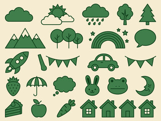Obraz premium Green Minimalist Flat Line Icon Set for Eco-Friendly Design, Weather, Nature, and Lifestyle Symbols