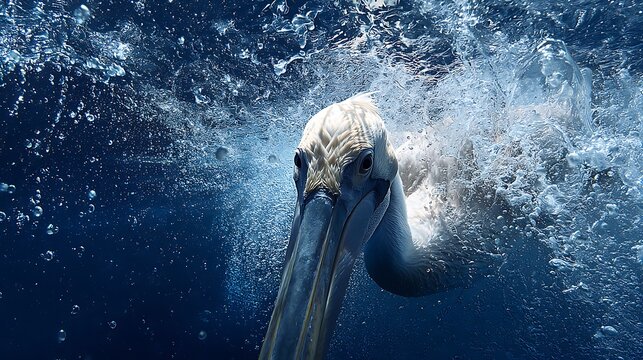 Pelican diving underwater with large beak open and swirling air bubbles in deep blue ocean, wildlife fishing behavior close-up
