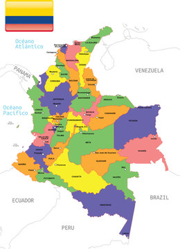 Detailed administrative divisions of Colombia with neighbors and flag