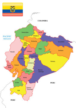 Detailed administrative divisions of Ecuador with neighbors and flag