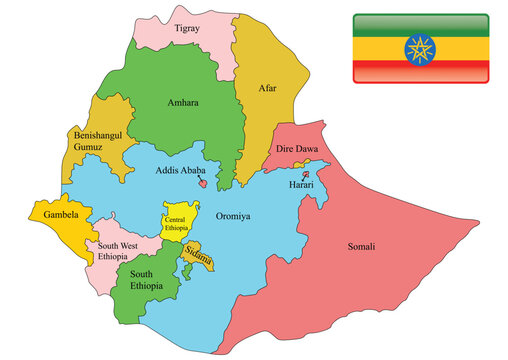 Regions of Ethiopia Map With Flag in Flat Style