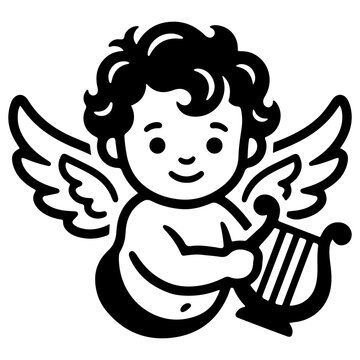 Cute cherub angel playing a small harp, vector illustration isolated on transparent background