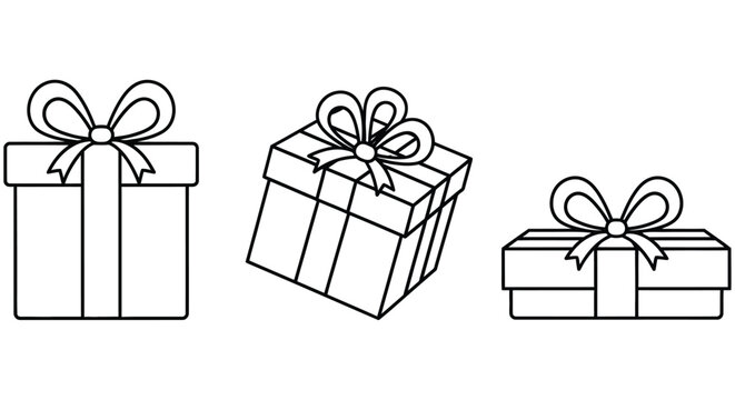 Line art illustration of three gift boxes with bows on a white background