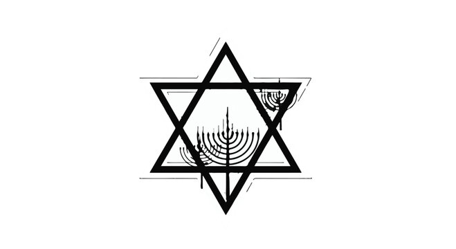 Star of David combined with menorah lines in a minimalist black ink vector illustration on white background.