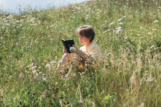 Young boy sitting in a field reading a book