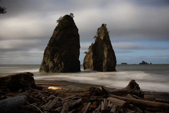 Dramatic sea stacks on Rialto Beach at twilight