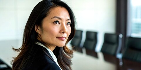 Fototapeta premium Diverse executive leadership global concept. Confident businesswoman in a suit looking thoughtfully, sitting in a modern office with a blurred conference room background.