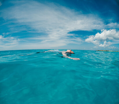 Woman floats serenely in turquoise ocean water