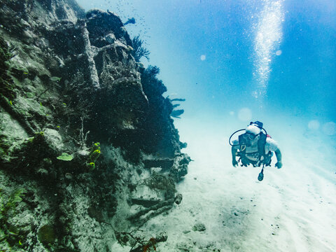 Scuba diver swimming along an underwater reef wall
